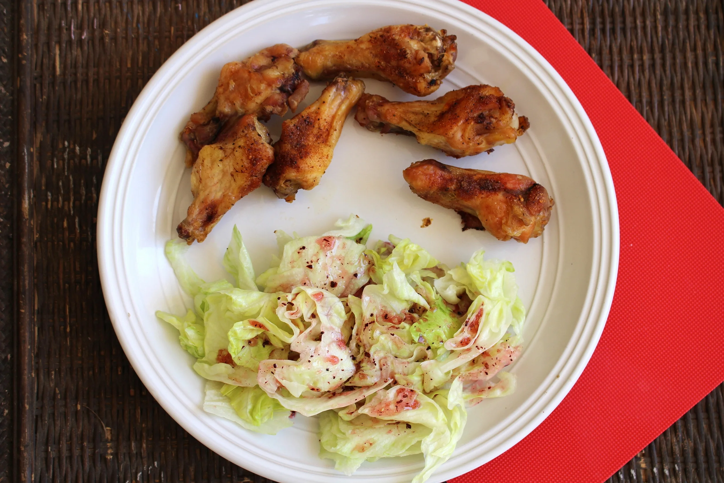 Lunch! Chicken Wings! Iceberg Lettuce salad vinaigrette dressing! Dinner: A sweet friend brought over dinner and it was Grilled Chicken, Russet Potatoes, and Fruit! Absolutely delish! Happy Healthy Eating! B&B