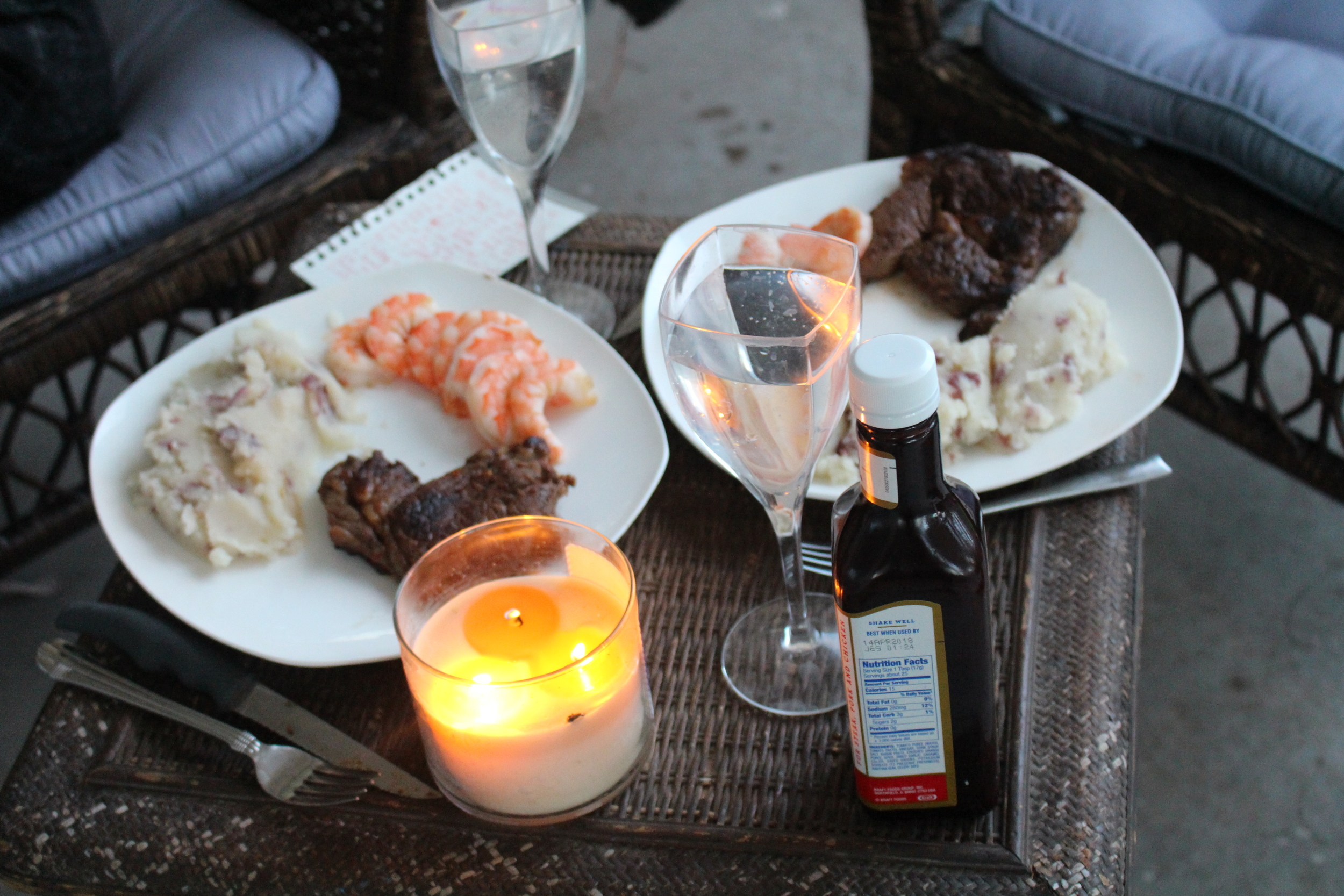 Dinner: My sweet Husband made a candlelit dinner! Ribeye steak, red potato mashed, and Shrimp!