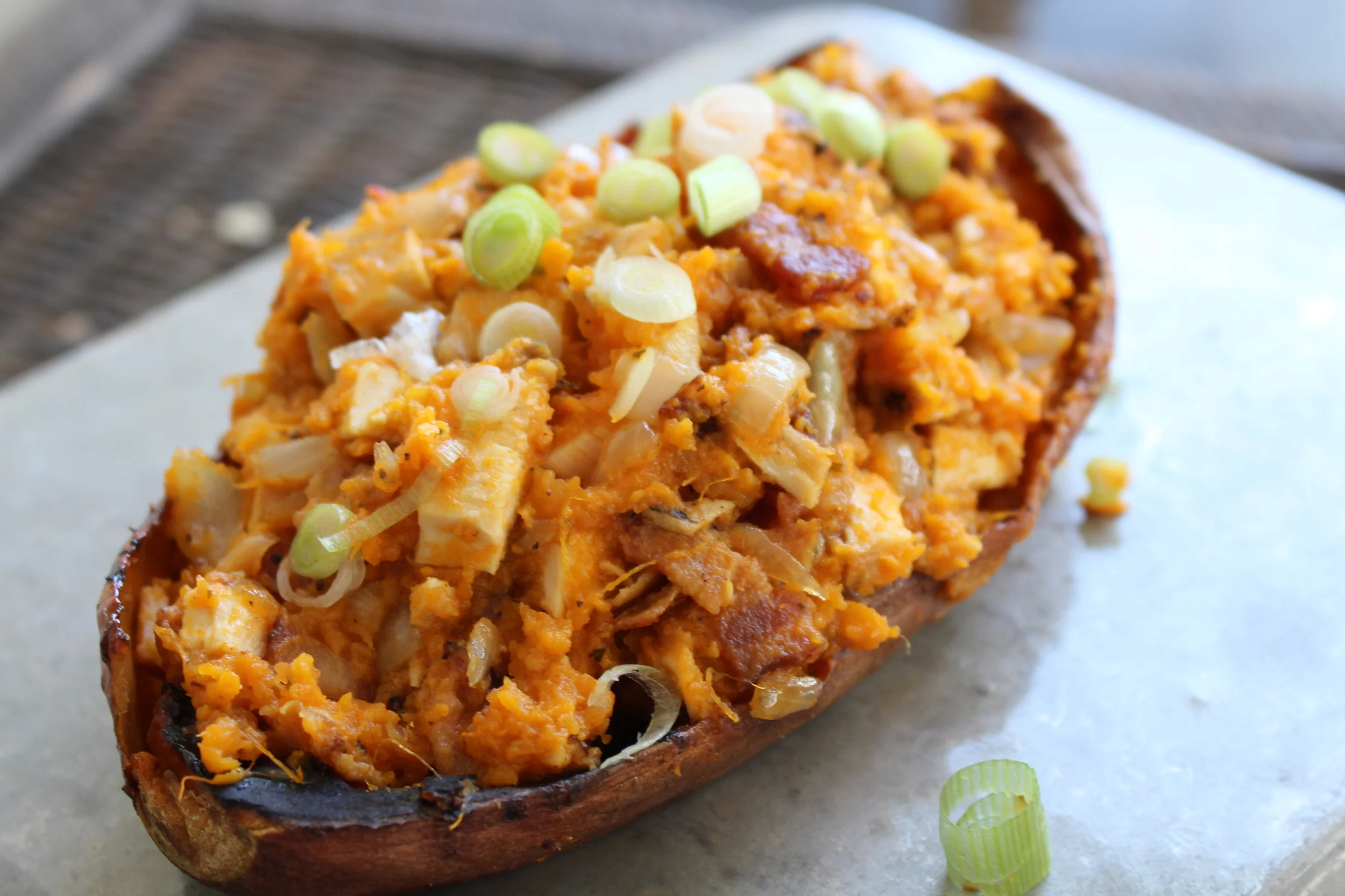 This twice baked sweet potato is amazing!!! This was plenty for lunch because it is loaded with goodness! Recipe: Cook Potato in oven at 400 for 30-35 mins to soften the core. Then Cut in half and scoop out the insides. Mash the insides with coconut oil, salt and pepper (Just a little add ins until smooth) Cook Chicken, Onions, and Bacon all separate and then add into mash. Place Mash potatoes back in skin and add green onions on top! WALA!