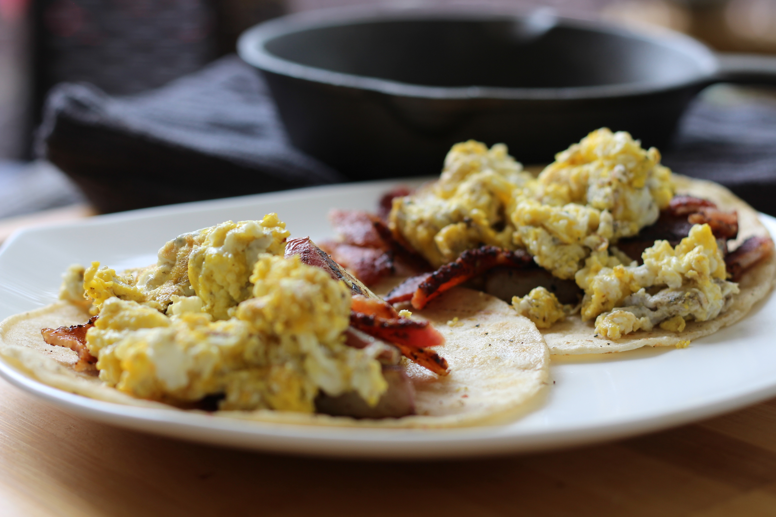 Breakfast Tacos!: Corn Tortillas, eggs and bacon!