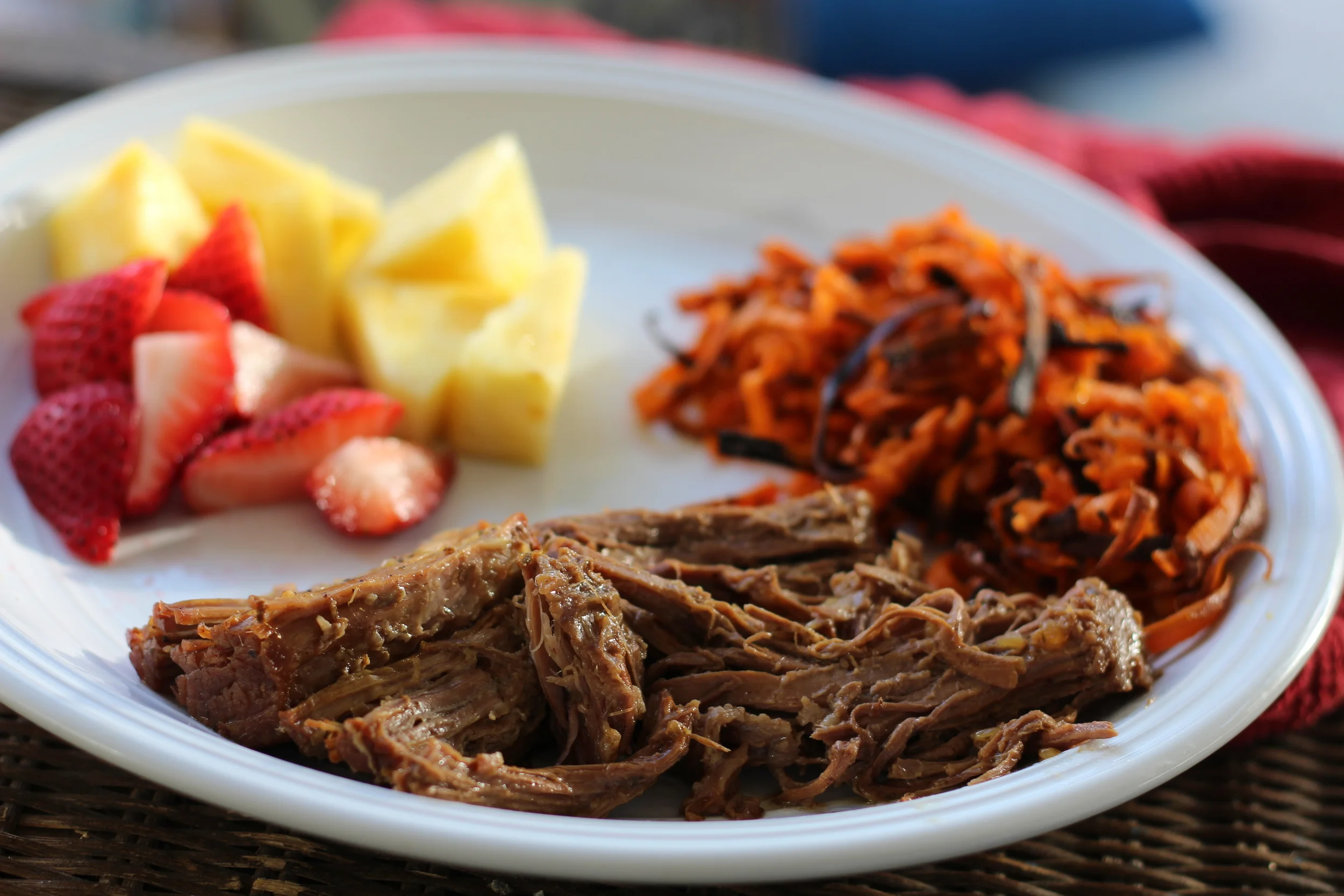 Dinner: Shredded roast, curly fry sweet potatoes, and fruit! (Strawberries and pineapple)