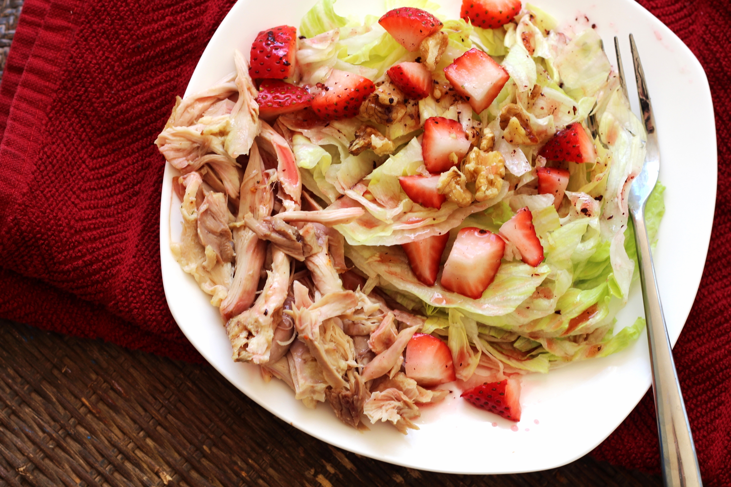 Lunch: Iceberg Lettuce Salad, With chicken thigh meat, strawberries and walnuts. olive oil and raspberry Vinaigrette added on top with walnuts!