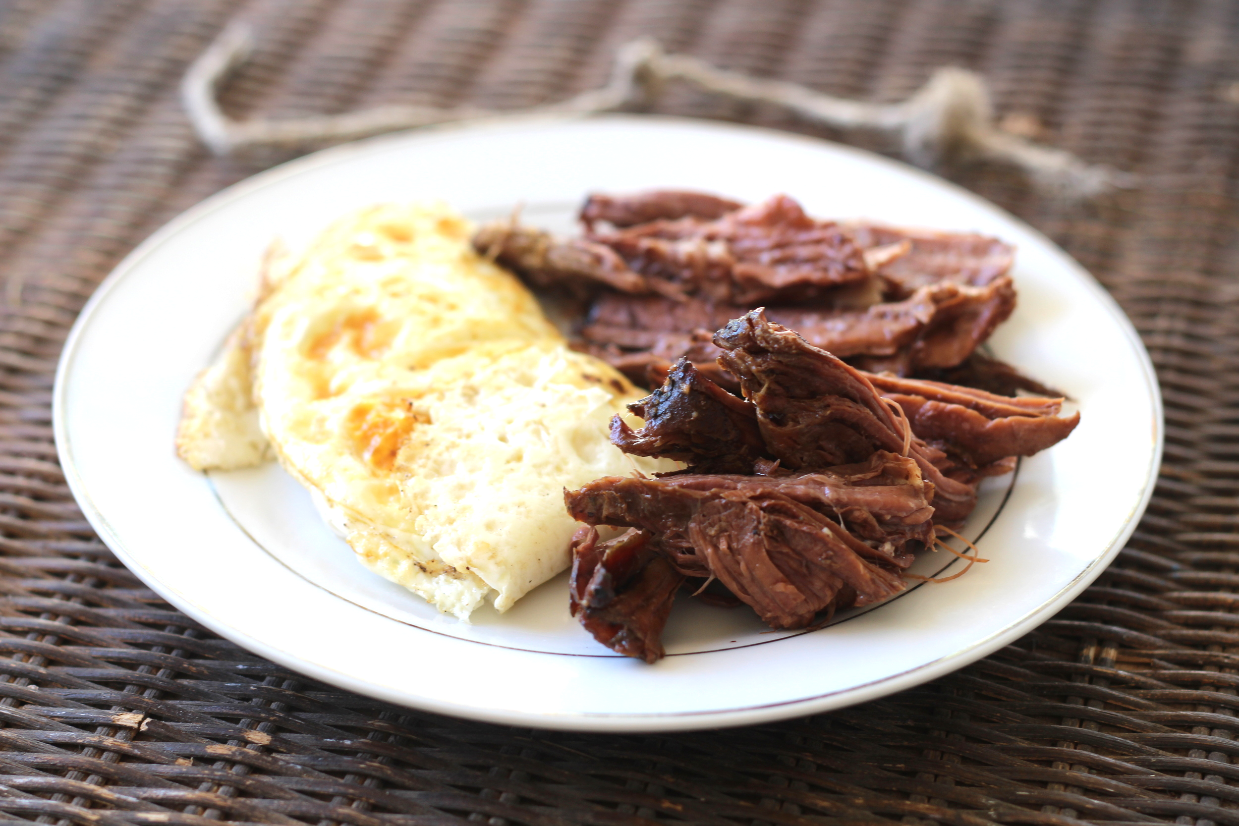 Bfast: Over Easy Farm Fresh Eggs and Beef Roast (Cooked in a crock pot night before! You will see this throughout the next three days!)