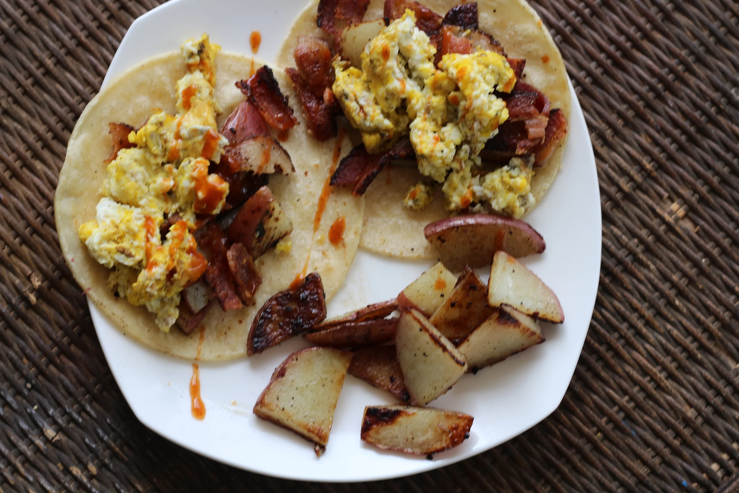 Dinner: Breakfast for dinner! Corn Tortillas, Eggs, Bacon, Red Potato with a little Sriracha Sauce! Enjoy!xoxoB&B