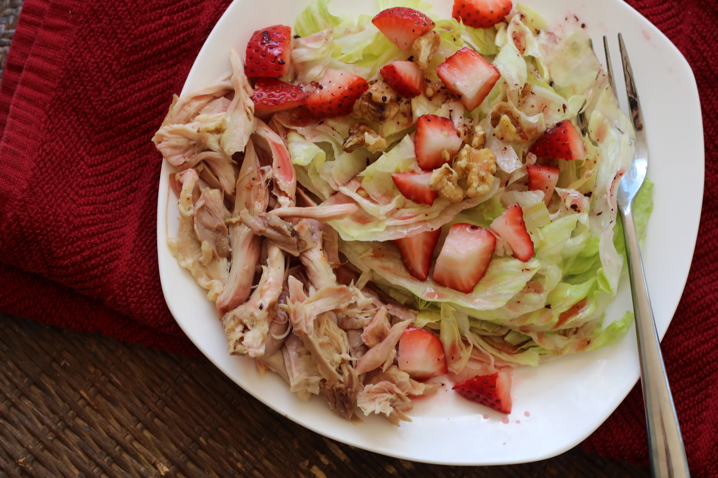 Dinner: (We got strawberries for SUPER cheap! haha!) So this is a Ice berg Lettuce Salad with Strawberries, rotisserie chicken, a little handful of walnuts, and Raspberry Vinaigrette 