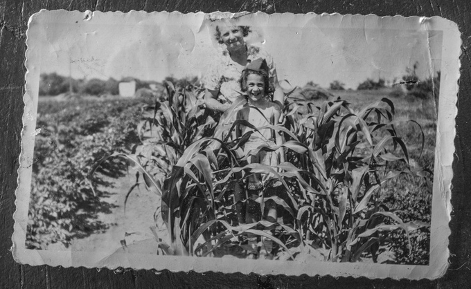  1943, New Jersey: Enjoying the day at the local Victory Garden with her grandmother Pavlina Granich. 