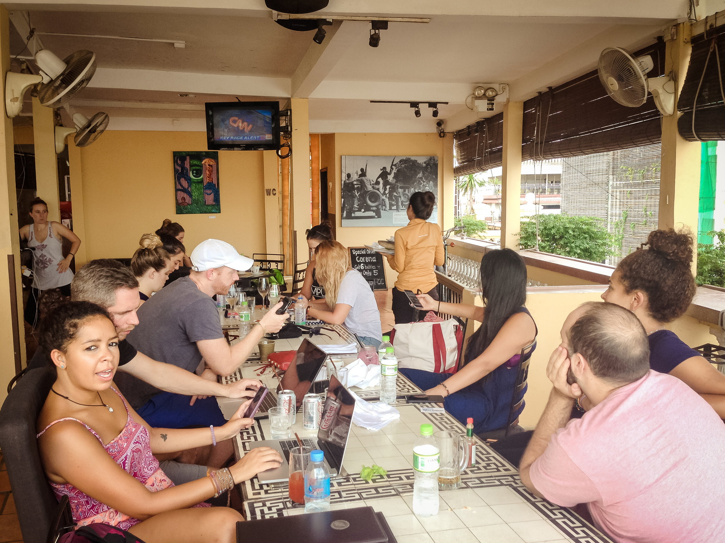 Wednesday November 9, 10:45am: Remotes watching the election results at the Foreign Correspondents Club in Phnom Penh, Cambodia. 