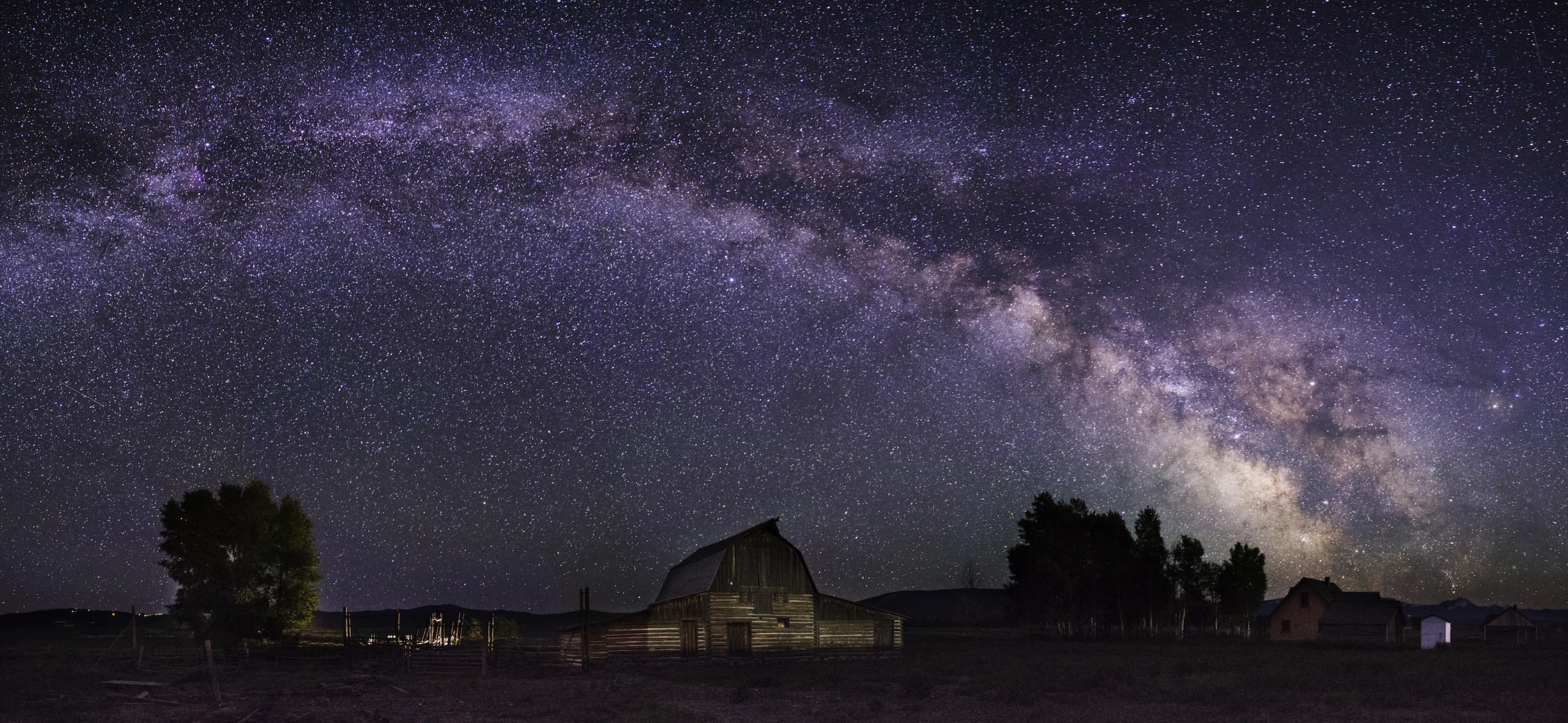 Milky Way Panorama with the John Moulton Barn in the Grand Tetons in the foreground