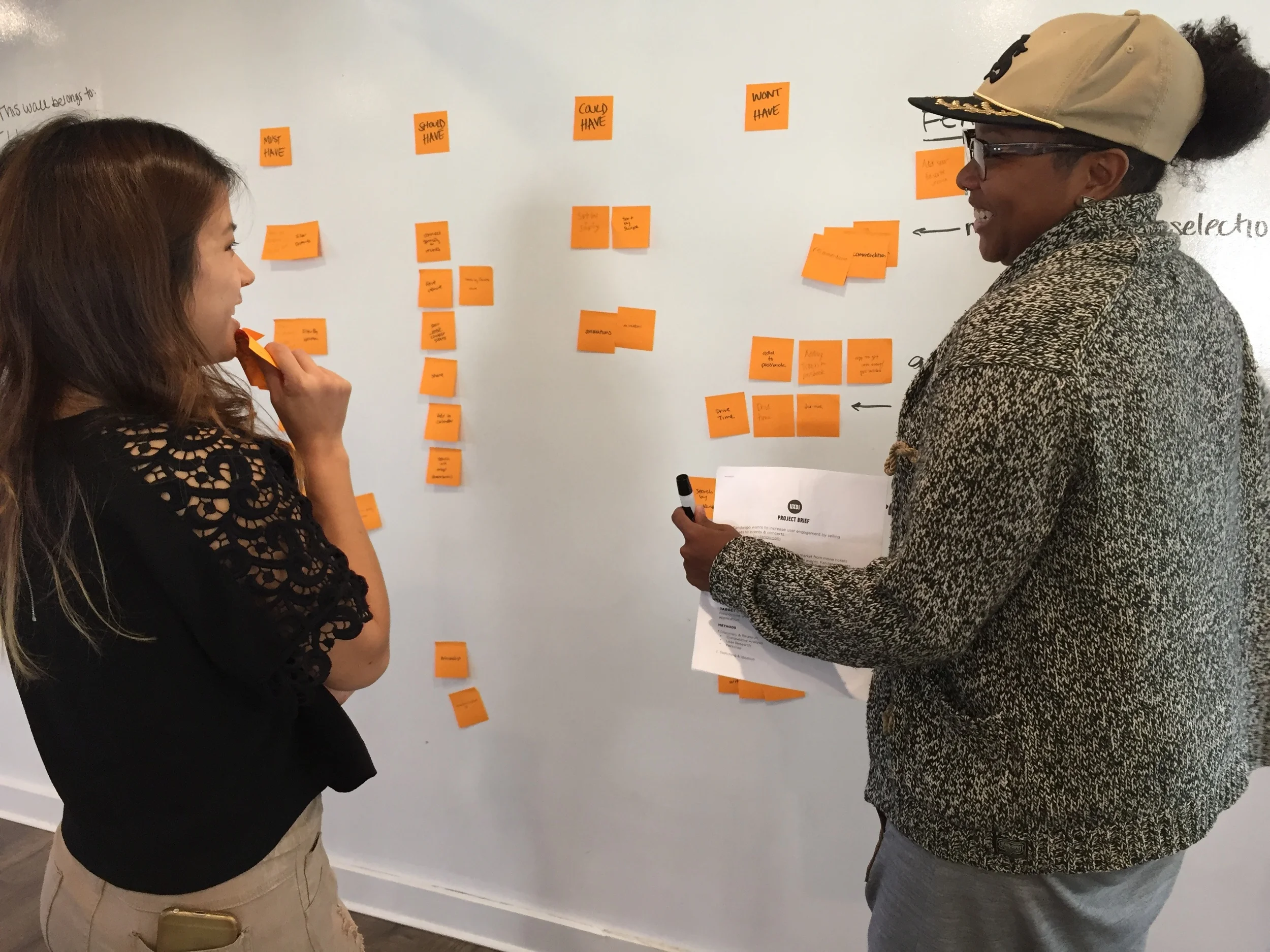 IMAGE EXPLAINED: After we analyzed seven other event-related applications, we wrote down all the features, functions, and designs we came across on post-it's. We then categorized them into "Must-Have", "Should have", "Could Have", and "Won't Have", for our application. 