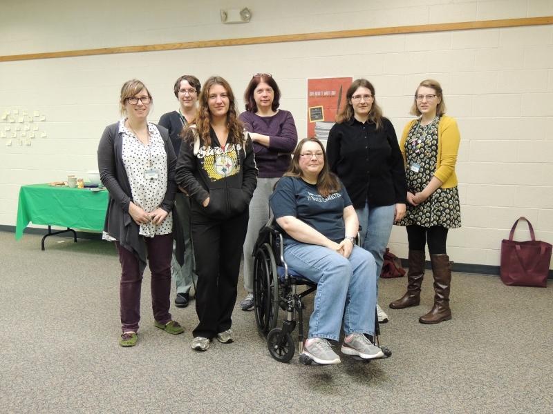 Severna Park resident Valerie Stewart (purple shirt) and other area writers met at Severna Park Library on November 30 to discuss the works they created during National Novel Writing Month. Photo Credit: Judy Tacyn