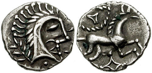 This coin from the Iceni tribe shows a man with hair spiked up much like a horse's mane. The goddess Epona was represented as a horse, and spiking up your hair like a horse's mane was another way to look fierce and prepare for battle. Photo: CNGcoins.com