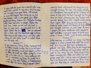 A mention of a lost masterpiece in my diary written when 10: The Mystery of Mickleborough School, in which horrified school children return after Christmas to find their school goalposts have disappeared! Also proof that even good friends can be annoying if they interrupt me when I'm struggling with long division or any type of math.