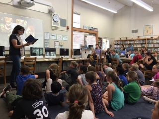Reading to 4th and 5th graders in Old Mill School library, Mill Valley.