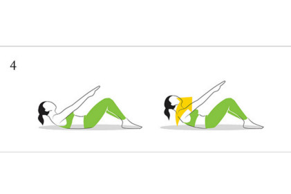 Crunches . Keep your lumbar spine on the ground, contracting from your upper abdominals as you sit up, and crunch. If your neck is weak, support it, by gently holding your head.. just don't strain your neck by pulling your chin towards your chest.