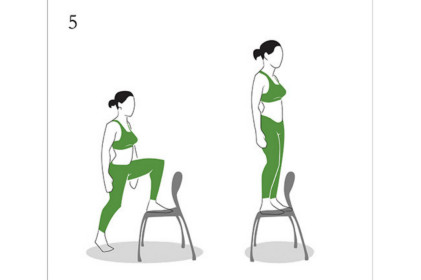 Step Ups x 2. Start with your weaker, less dominant leg. Place your foot flat on the chair, with your knee shifted backward behind the toe line. You do not want to have your weight on your toes, it should be evenly distributed through your flat foot. Lock out your spine, and focus driving upward with a strong torso. Focus your attention on driving through your glute and quad. after 30 seconds switch legs.