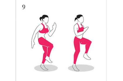 Running lady. Simply jogging on the spot at pace. The secret here is to get your knees up as high as you can. This will really get your heart rate going!