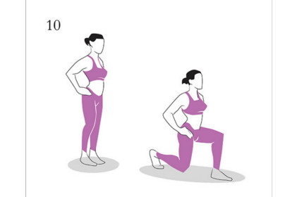 Alternating Lunges. From a standing position, step forward, far enough that you bend your front knee and drop your back knee to the ground. Keep a straight spine, weight distributed through your flat foot, and drive upward back into position, before switching.