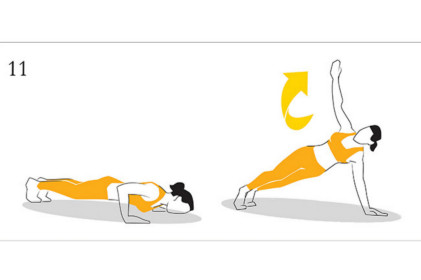 Rotational push-up. Start this on your knees until you are ready to progress, and take your time getting the feel for this. You will probably find yourself off balance the first few times you try this. In the same position as your push up, drive upward and then open your body to the sky. Bring your arm back down, complete another push-up and switch sides. Again don't aim for full rotation. Do what is comfortable and progress from there.