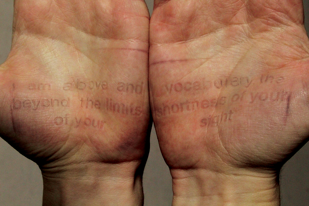 "5 minutes, 80 lbs." Woodblock, Artist's Body Dimensions Variable 2015