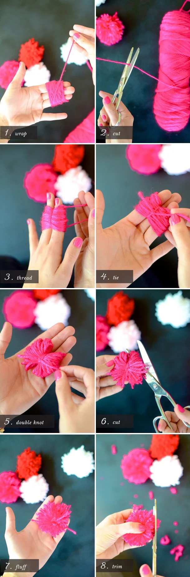 Camille Styles showing the steps to a perfect pom pom. 