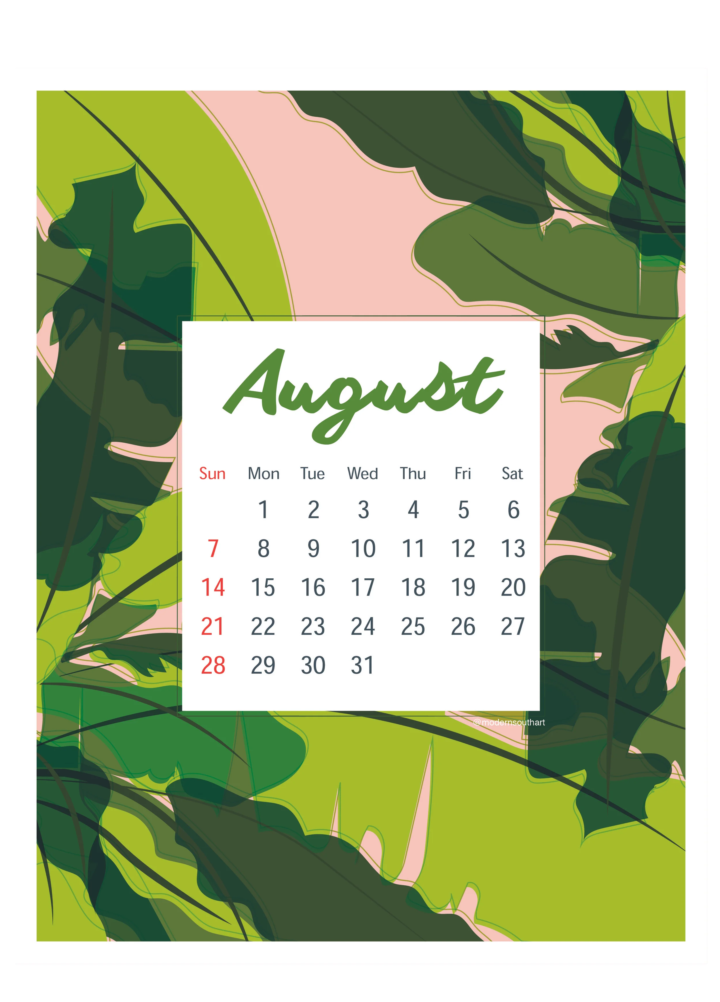 8.5 x 11 downloadable calendar by Modern South Art
