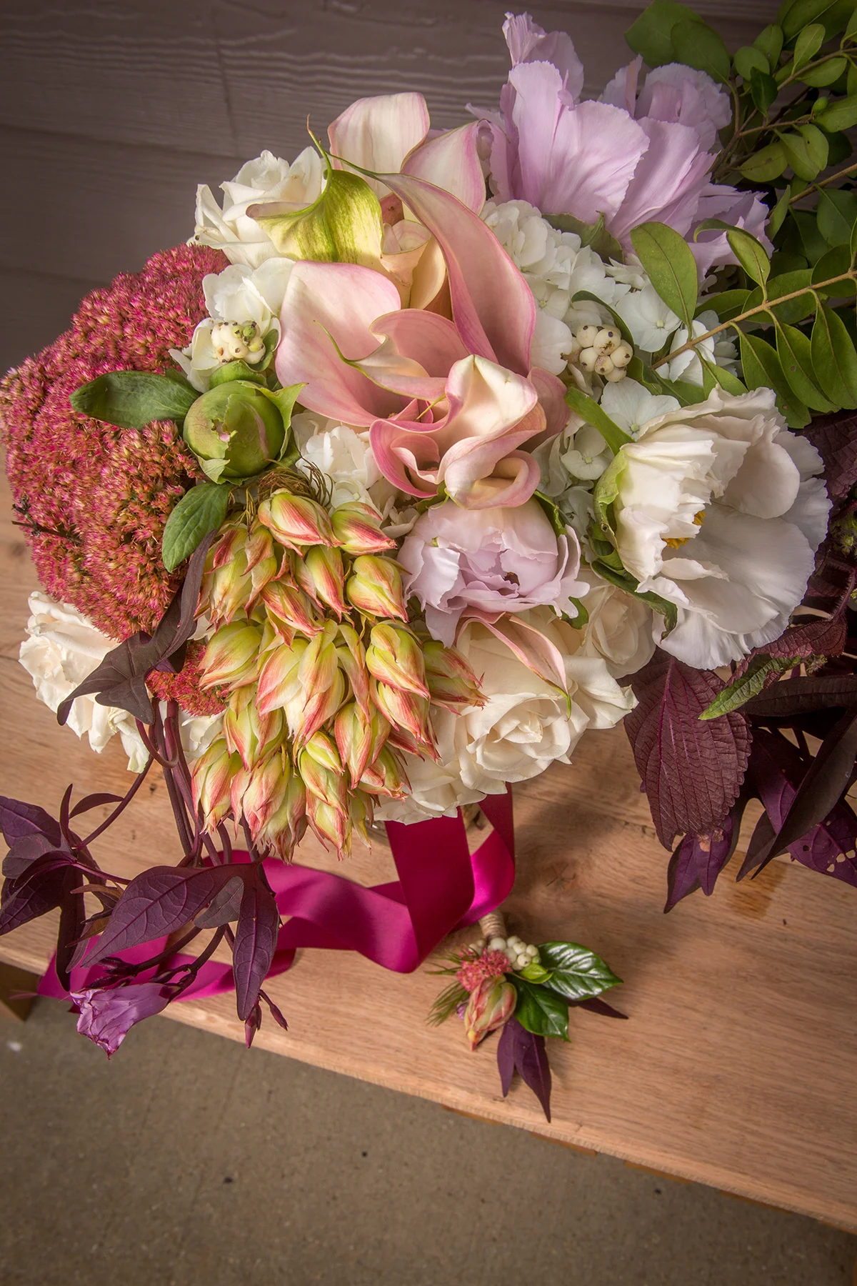 Ecclectic Pink and Purple Bridal Bouquet and Boutonniere 