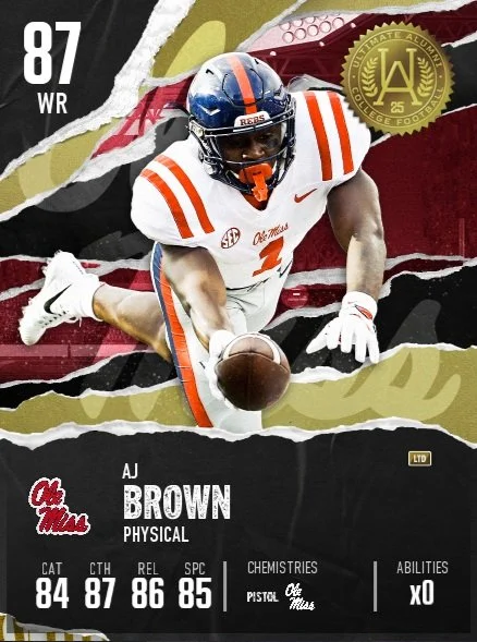  Ultimate Alumni honors past players who did well on their College teams. The player art incorporated individual team colors and logo. 