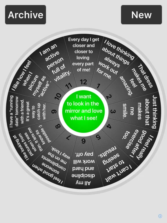Focus WHeel Filled In: Center Says what you want to experience, and the 12 outer segments hold your supporting statements (the ideas that help you to believe in what you want).