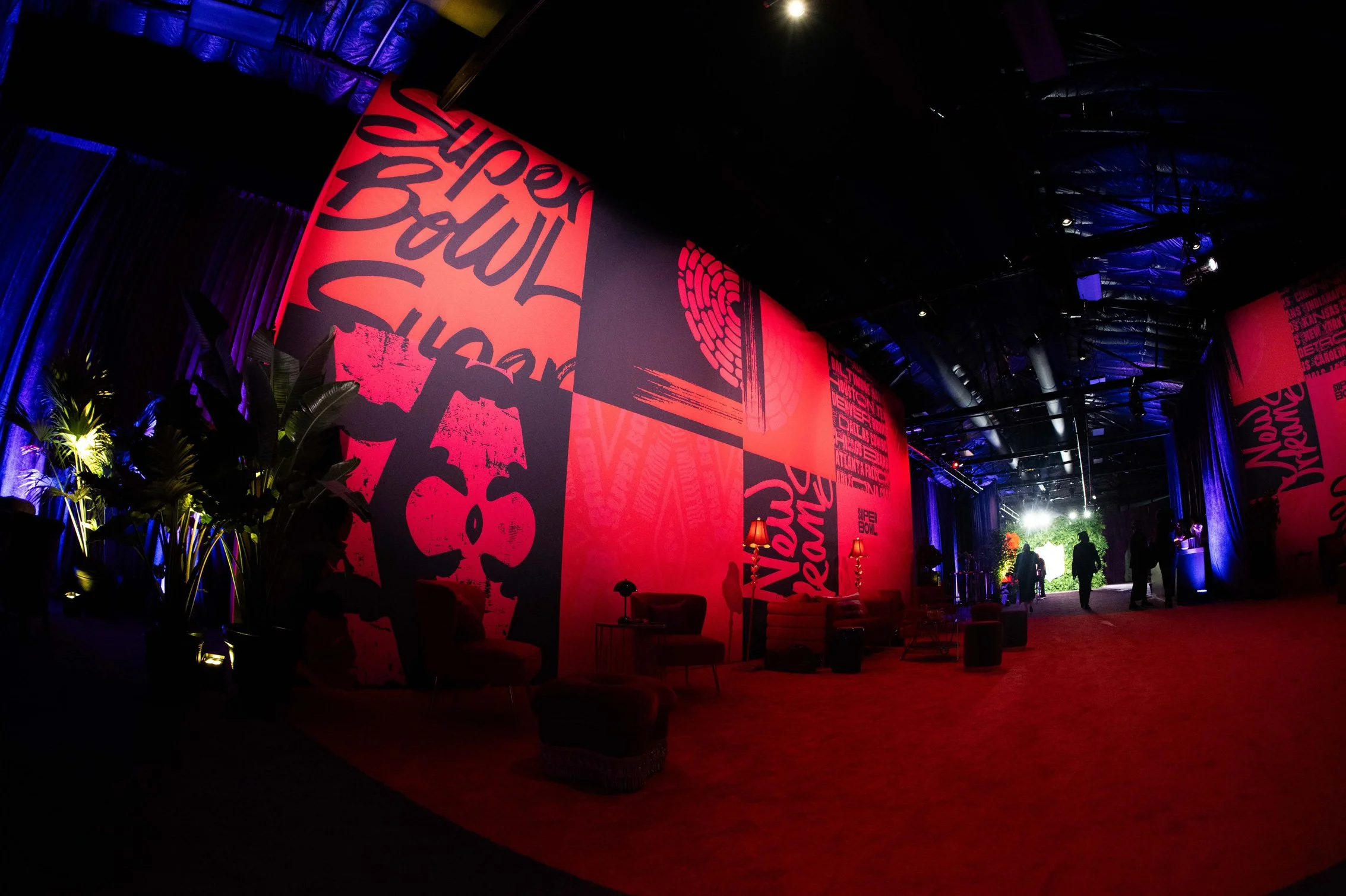 Large red Super Bowl LIX graphic installation.