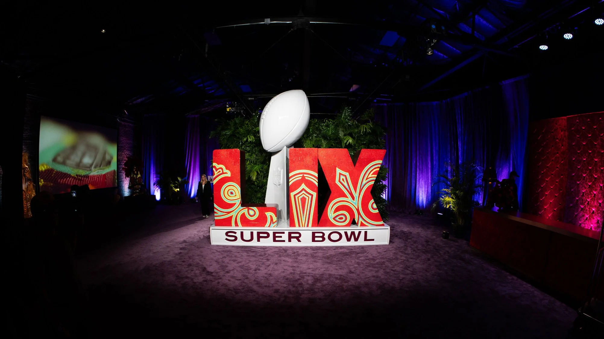 Super Bowl LIX installation displayed inside the NFL Commissioner’s Party at the Contemporary Arts Center New Orleans.