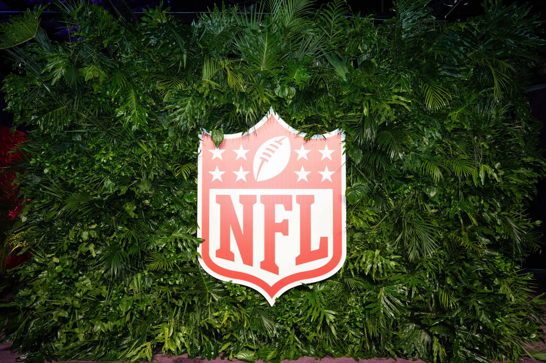 NFL shield displayed against a greenery wall.