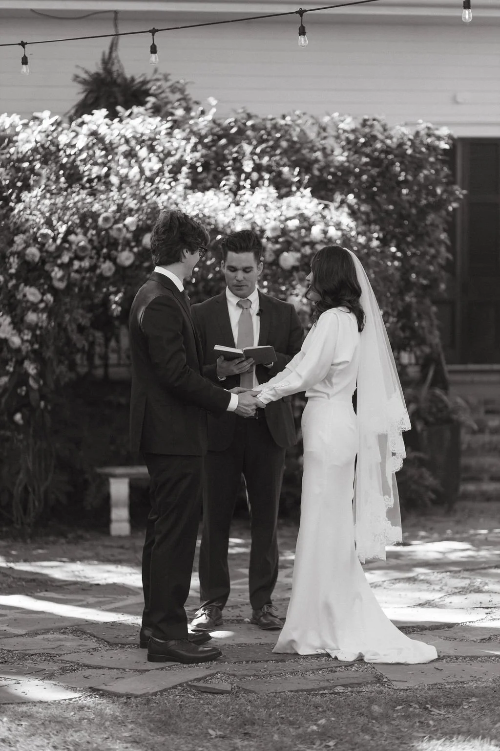Black-and-white photo of Brooke and Niels during the ceremony