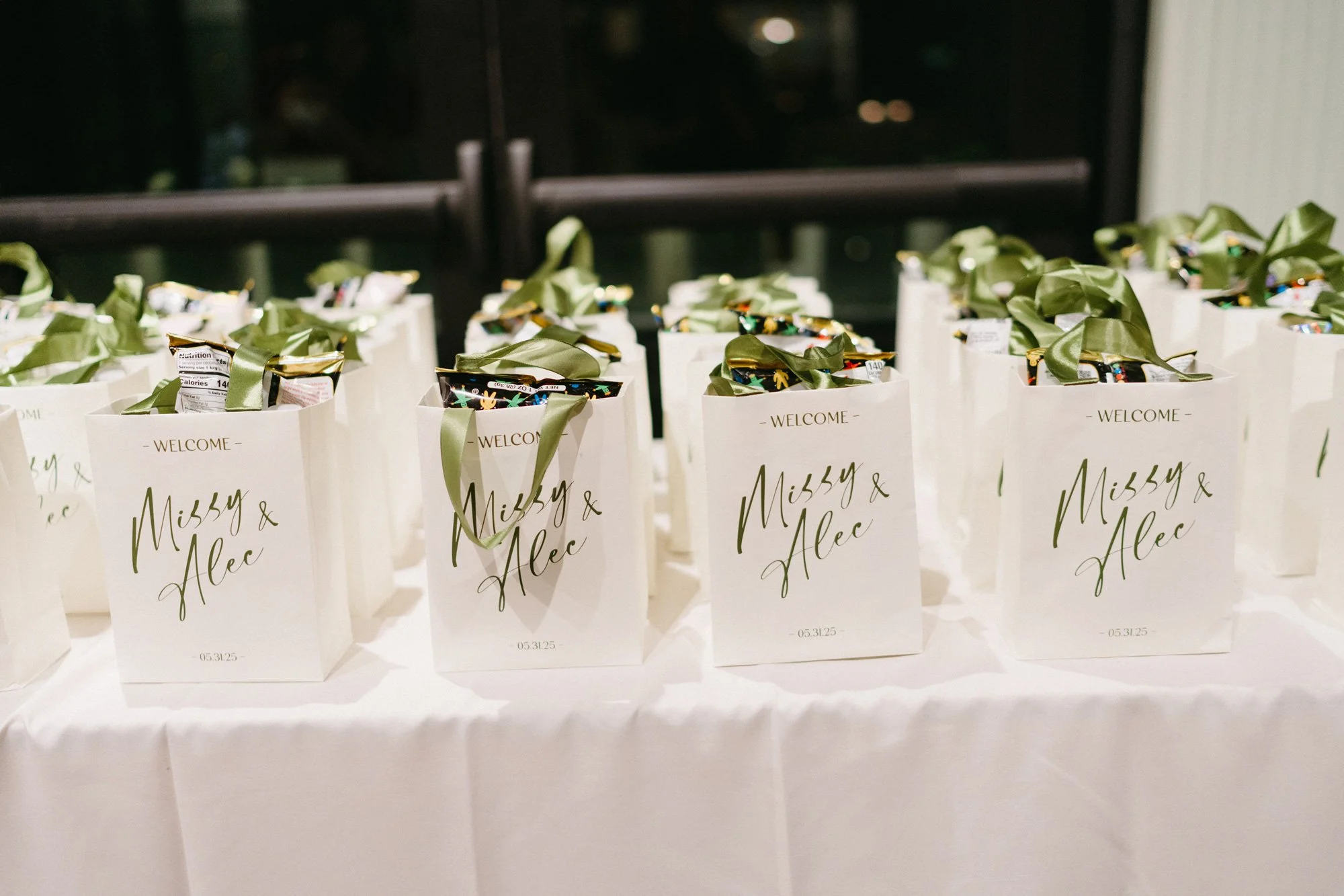 Wedding favors displayed for guests at the reception.
