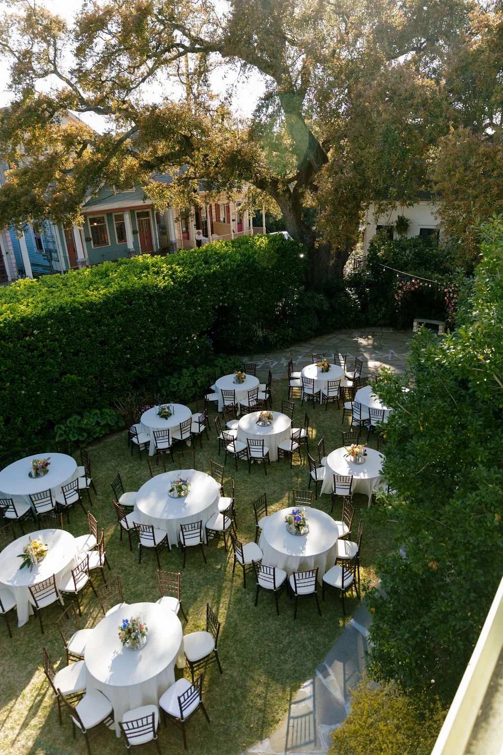 Overhead view of the outdoor wedding reception.