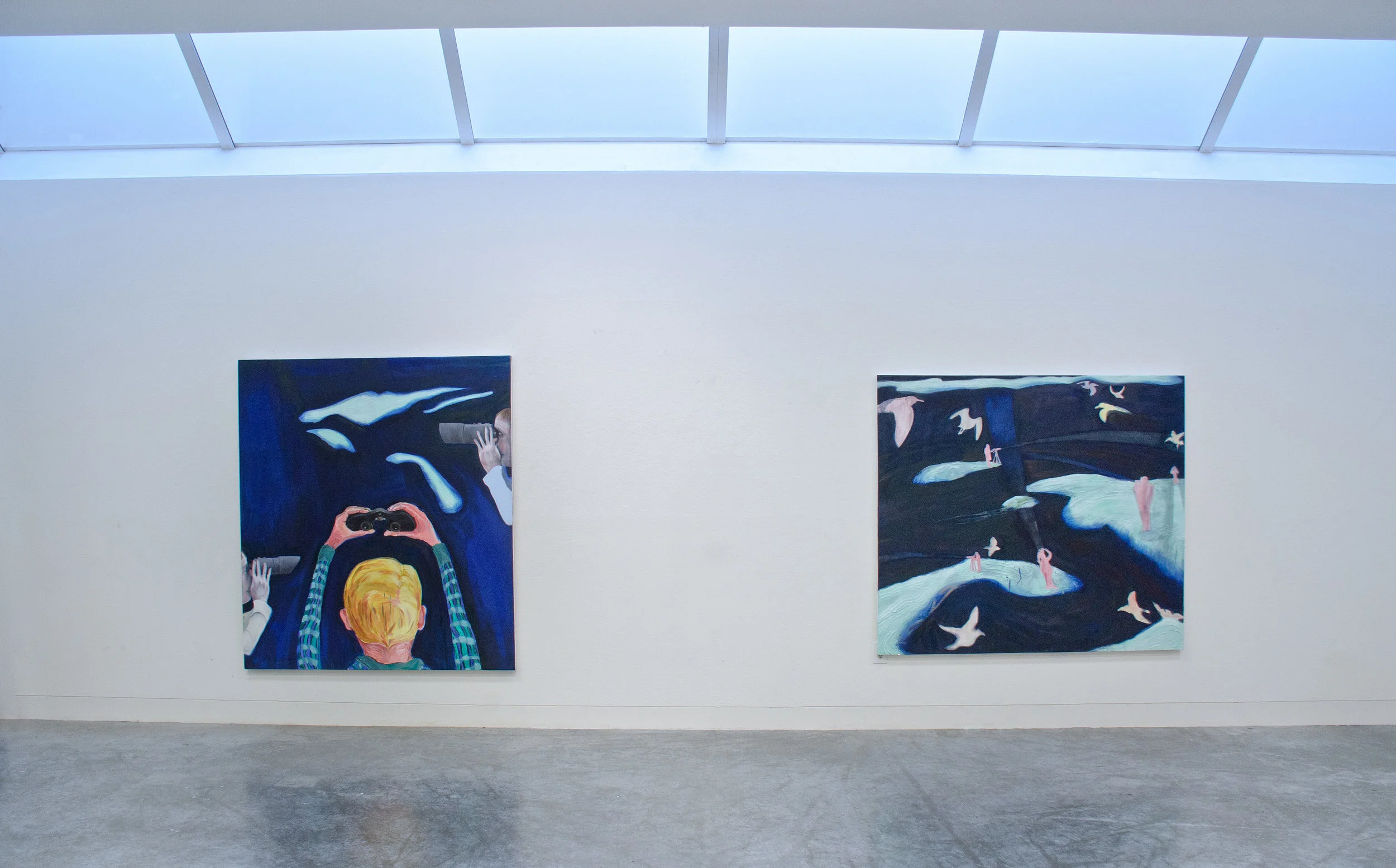Installation image: (Left) Sundogs , 72 x 60 in. Oil on canvas, (Right) Fallout , 62 x 70 in. Oil on canvas