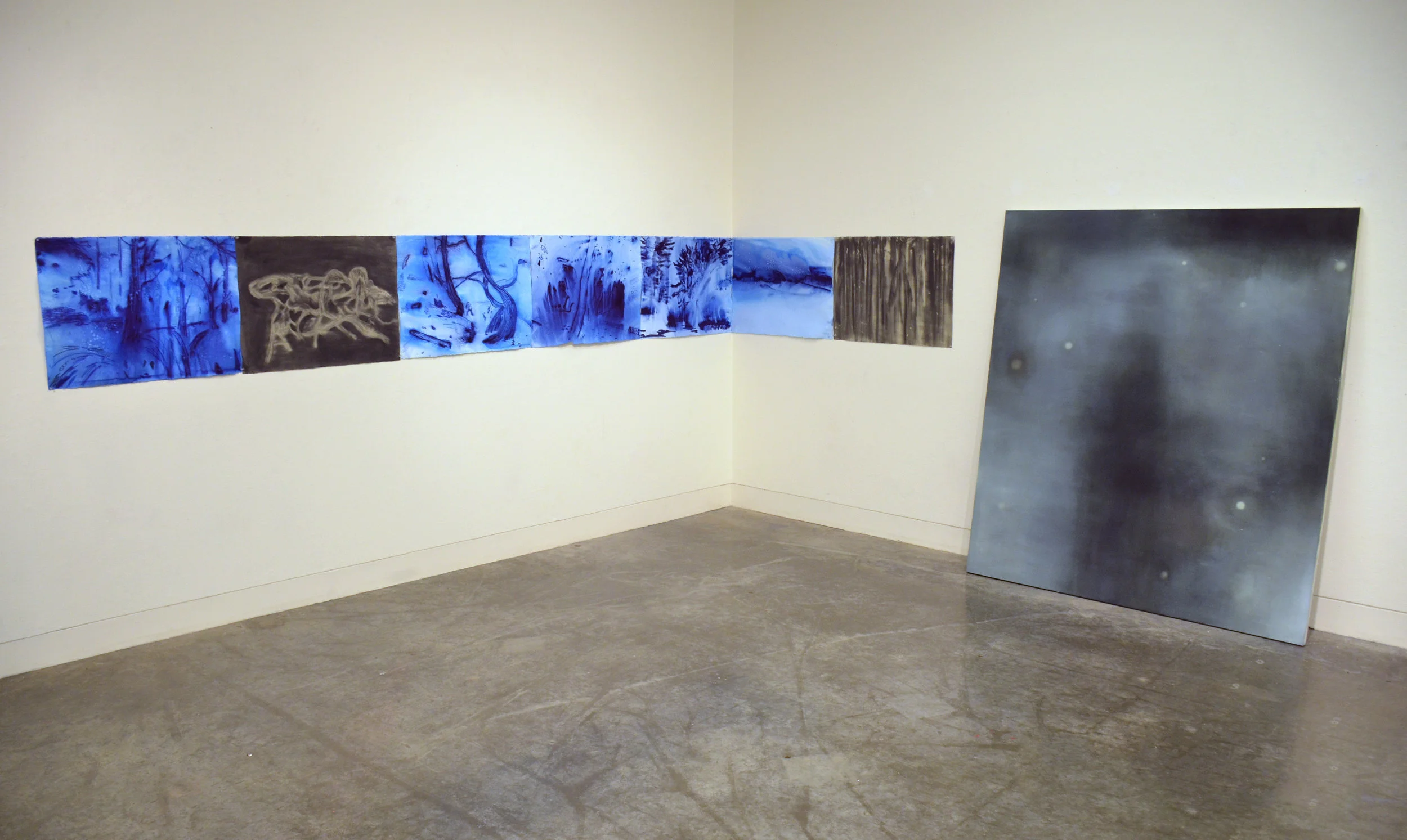 Installation image: University of Victoria (Left) Wakeful Dream Sequence, Ink & charcoal on paper, 22 x 210 in. (Right) Bodies , Oil on canvas, 76 x 64 in.