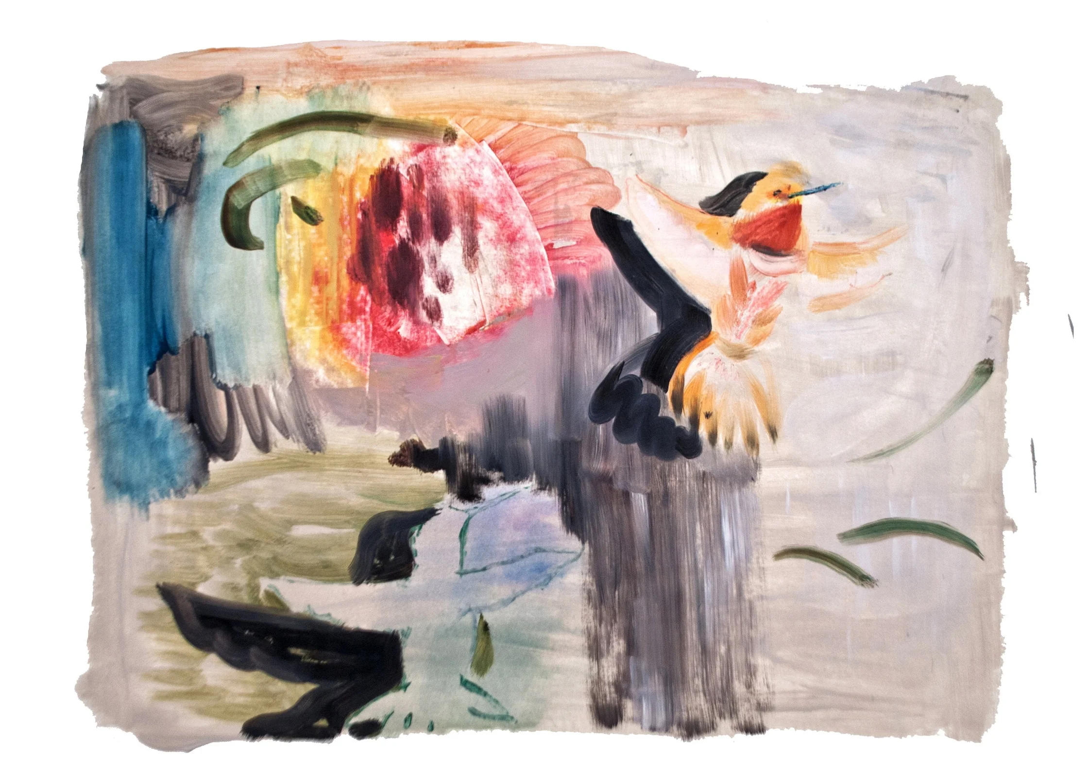 "Untitled (Hummingbirds)", Oil on paper, 22 x 30", 2018.