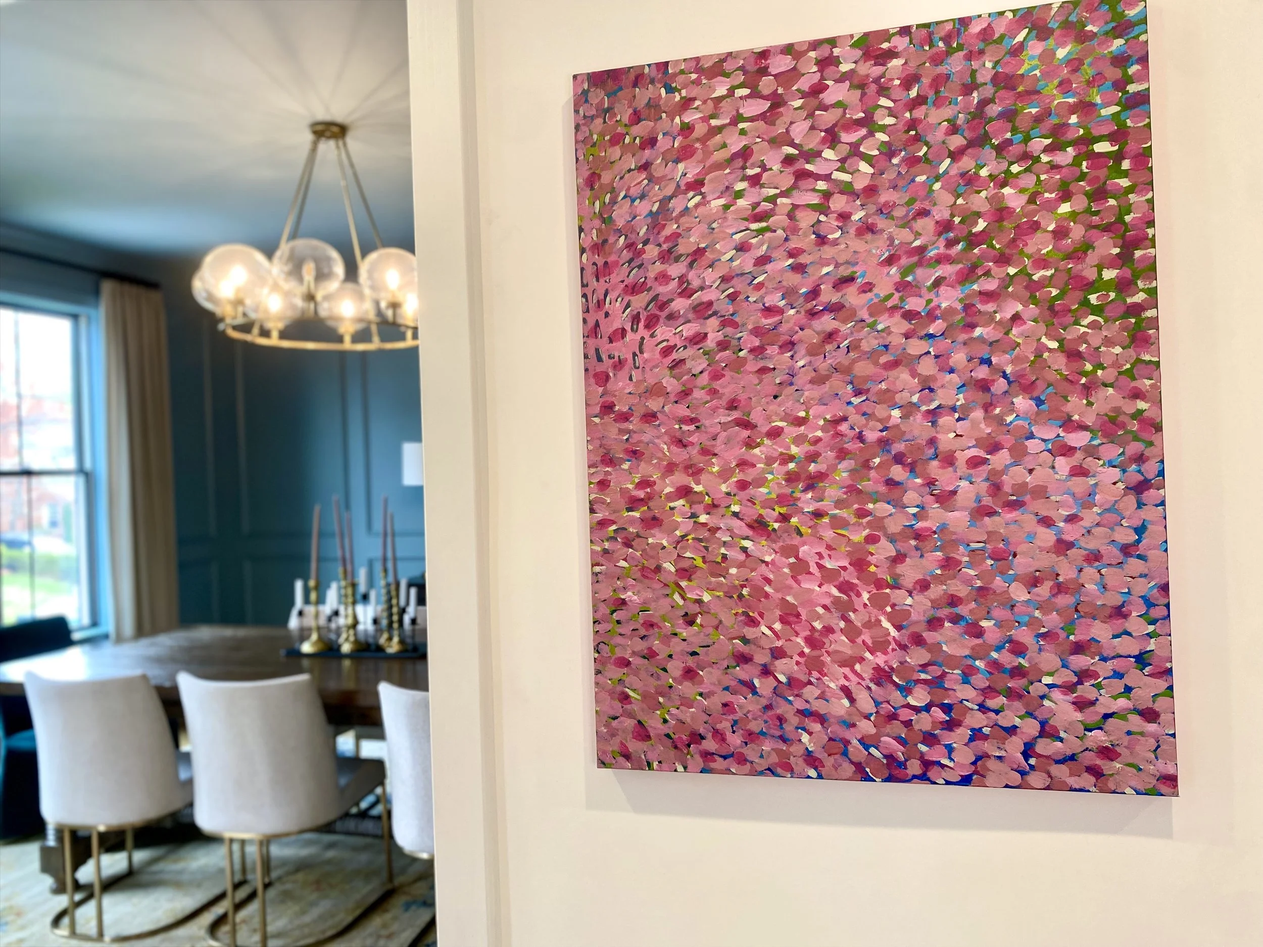 Foyer Design, Modern Hot Pink Abstract art by Kamael Mishra- Photo by Dana Evans of Everly & Monet Designs of Washington,DC, Atlanta, GA, Bethesda, MD.jpeg