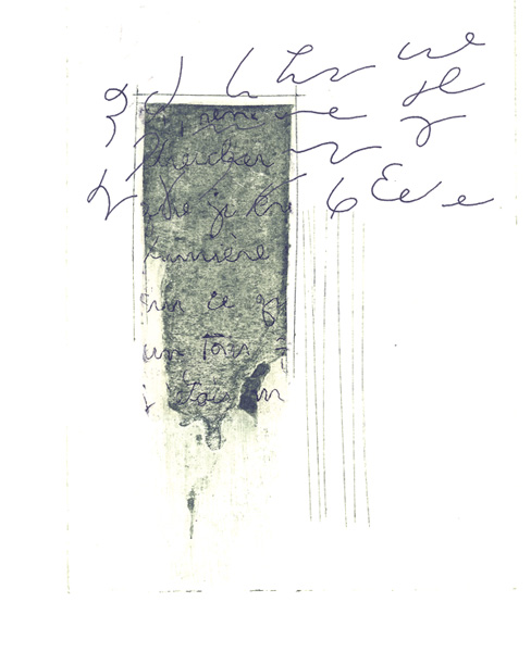 Susan Airris Berry, Mots Perdus (Lost Words), two plate Intaglio: collograph, drypoint with chine collé, etching fragment and ink, 6.75x4.625"