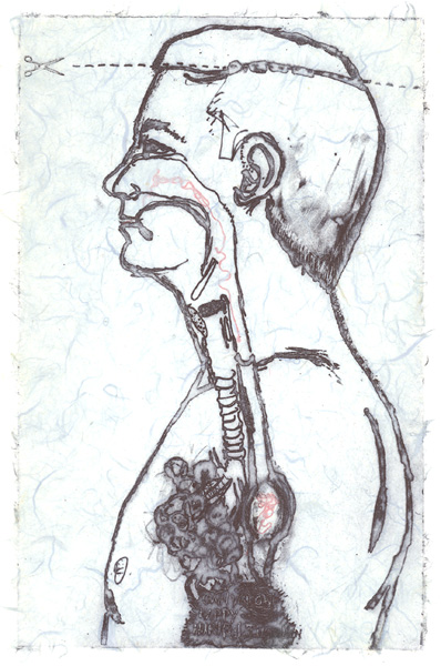 Nicole Zayatz, Making You Go Away, photoetching, red string under chine collé, 9.5x6"