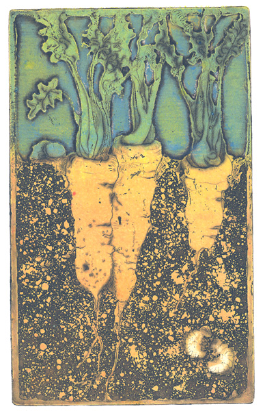 Nancy Wightman, Untitled, drypoint, open bite, rosin aquatint etching with three surface rolls, 7x4.25"