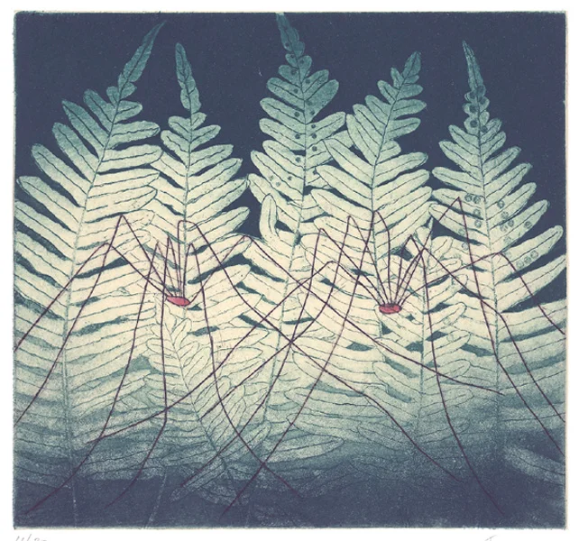 Judith Lampe, Untitled, two plate color intaglio, hard and soft ground etching with aquatint, watercolor and engraving, printed chine collé, 6.25x6.75"