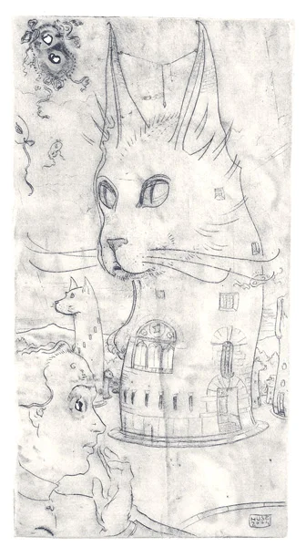 Edward Huse, City of Cats, drypoint on copper, 3x6"