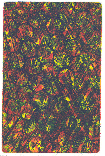 Liam Sullivan, Devisal, aquatint and line etching, multiple plates, oil-based ink 6x4"