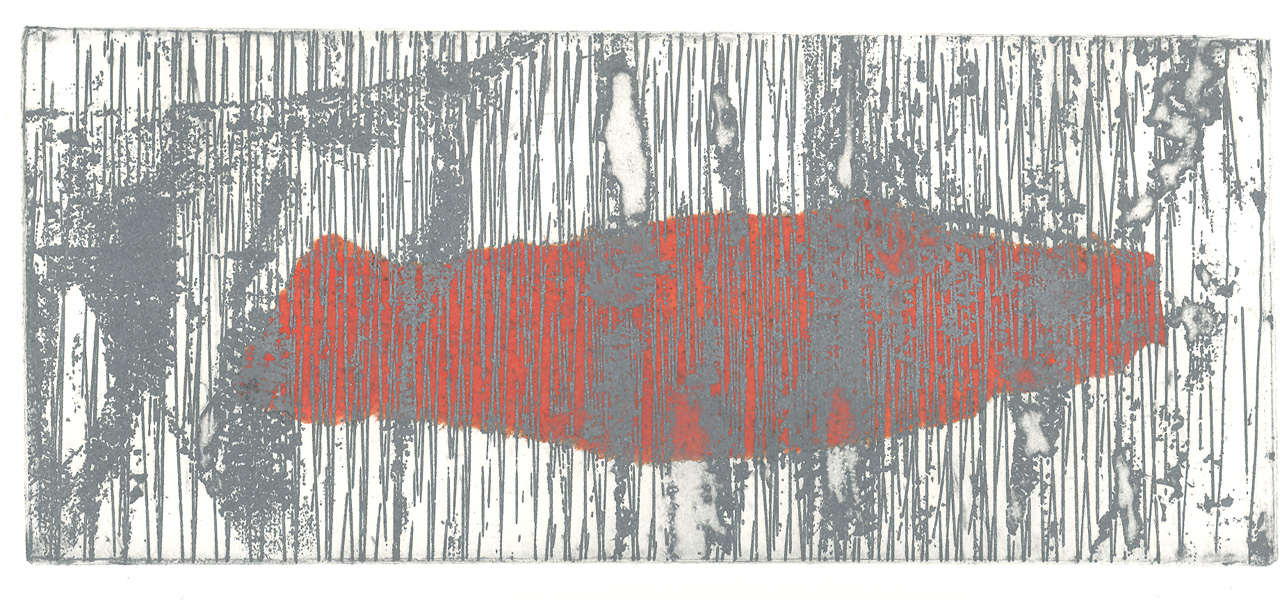 Mary Mead, Belief, hard-ground etching, chine collé, 5x9"