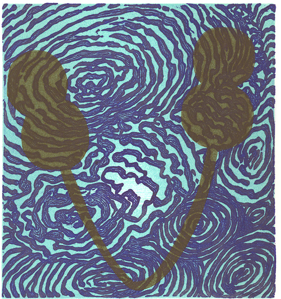 Betsey Garand, Pact, lift-ground aquatint, etching, two wood blocks, oil based ink, 4.5x4.5"