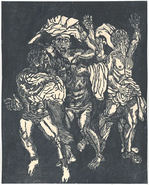 Penelope Bennett, Humiliation, wood engraving with chine collé, oil-based ink, 10x7.75"
