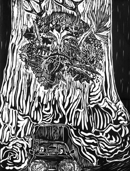 Ian Baldwin, What Is That? woodcut, 15x11"