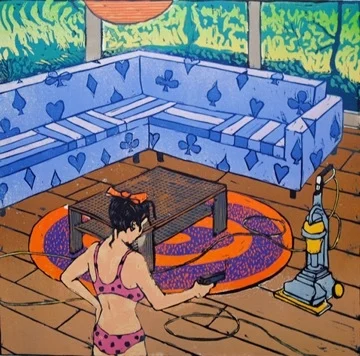 Debbi Soon Tires of her Dyson, linoleum cut 12x12"