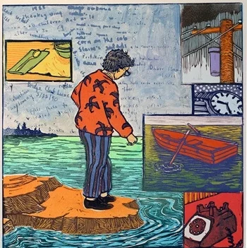 Into the Gloaming, linoleum cut with screen printing and monotype, 12x12"